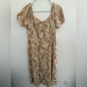 NWT Beige Linen Puff Sleeve Dress Tan Leaf Print Dress Jessica Simpson